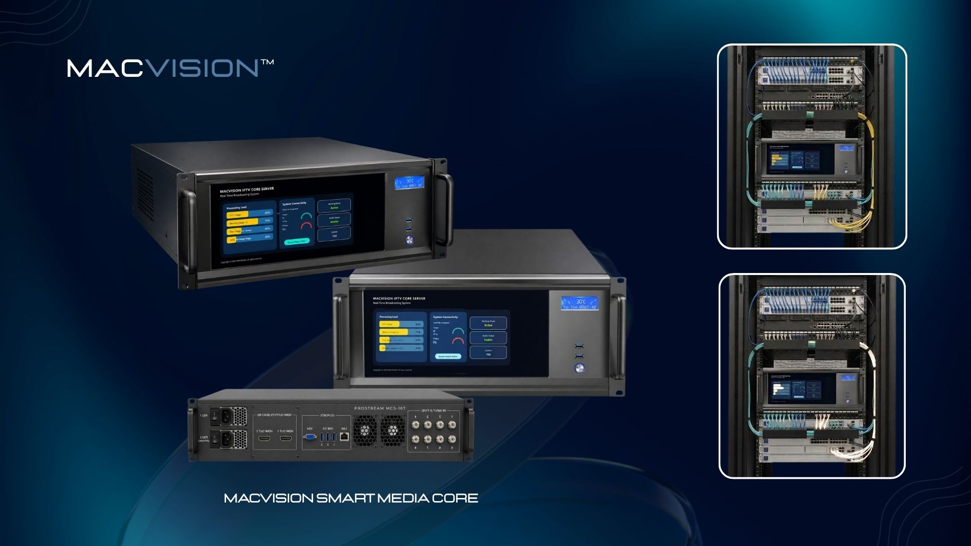 MACVISION headend server and network rack front and rear view sample