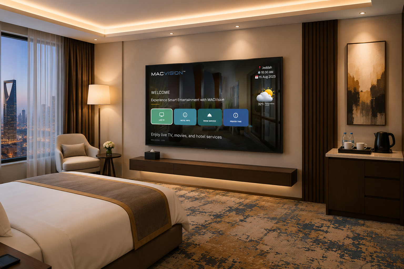 تجربة تلفزيون MACVISION الذكي داخل غرفة ضيافة