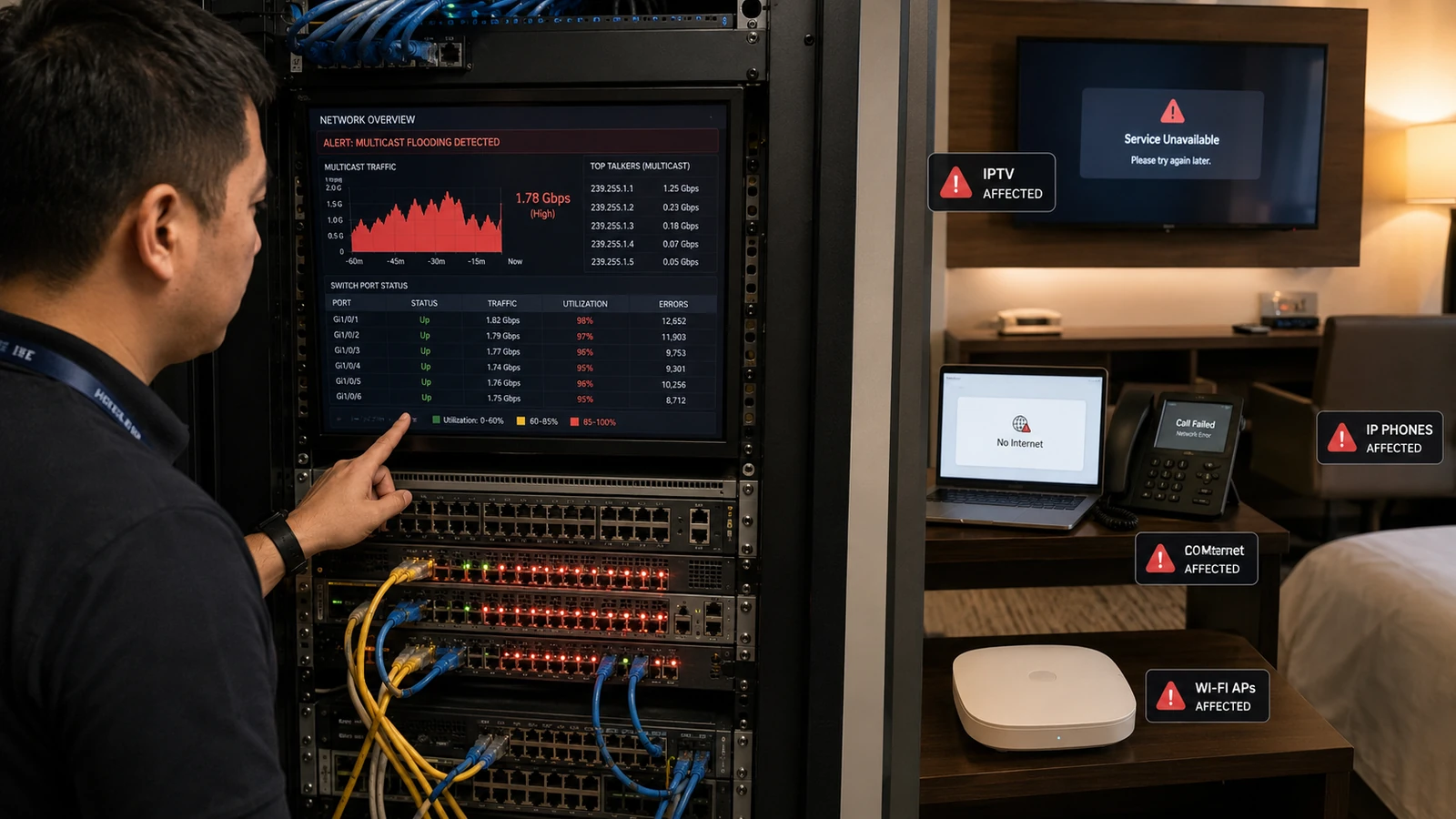 كيف يؤثر تدفق Multicast غير المنضبط على شبكة الفندق بالكامل