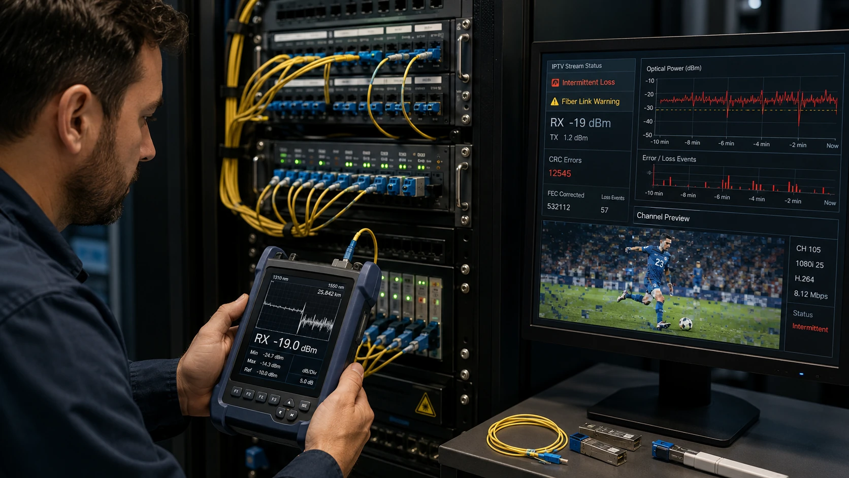 أخطاء وصلة الألياف التي تسبب فشل قنوات IPTV بشكل متقطع