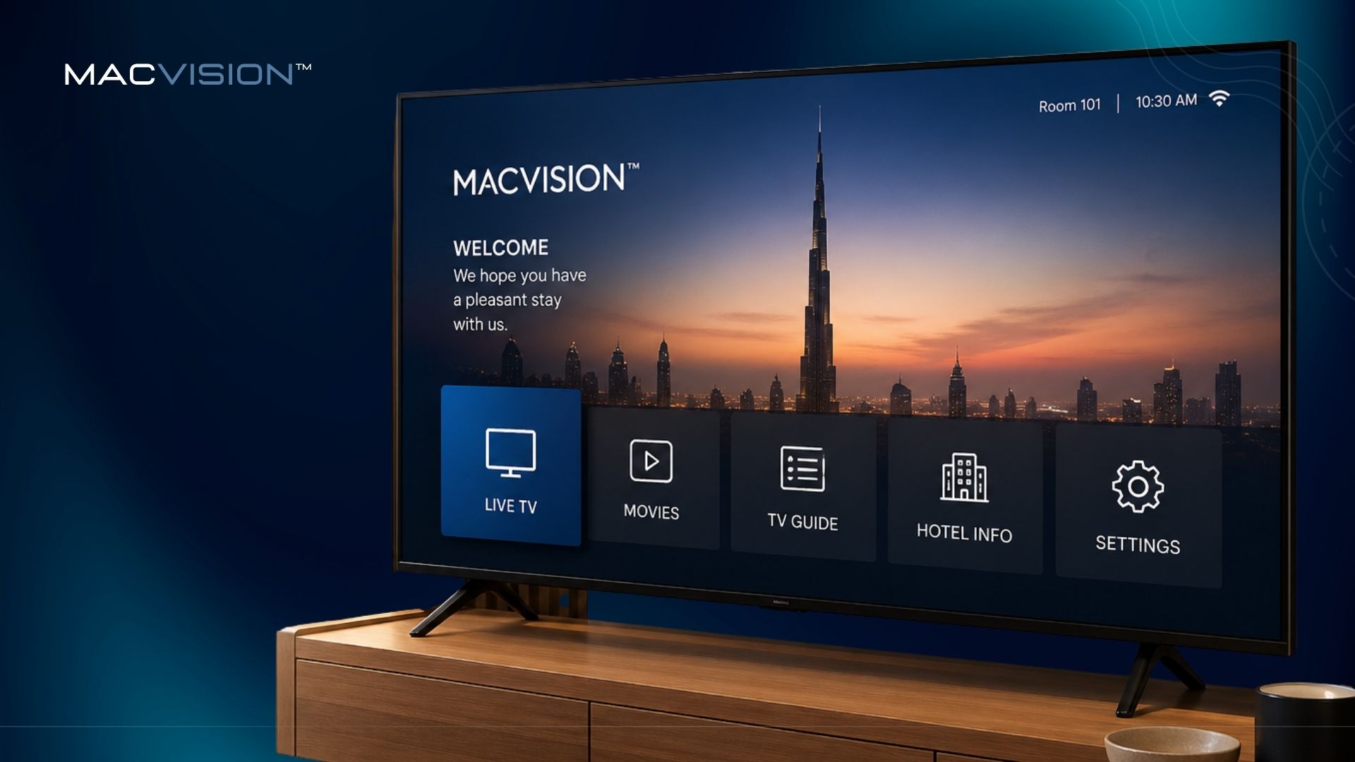 MACVISION Smart TV front view with hospitality interface